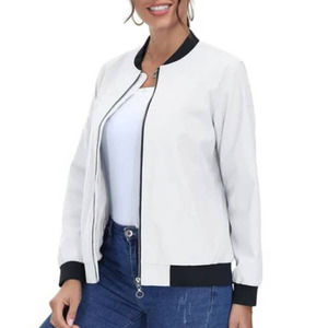 Mural Women Slim Fit Full Zip Bomber Jacket Long Sleeve Ribbed Trim Size S White